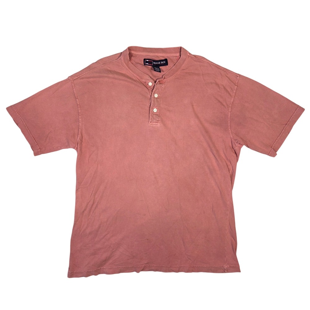 Bugle Boy Men Y2k Henley Shirt Large Salmon Pink Short Sleeve Cotton Vintage 90s